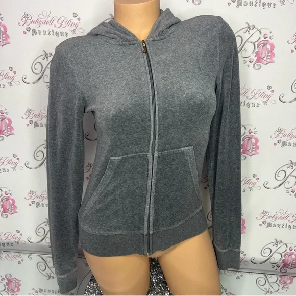 Juicy couture grey zip up sweater fuzzy print logo on back with white sequins - Picture 6 of 9